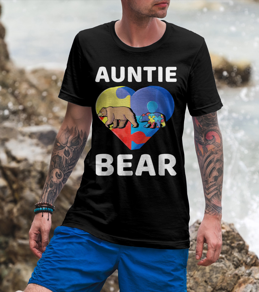 Auntie Bear Heart Puzzle Autism Awareness T-Shirt