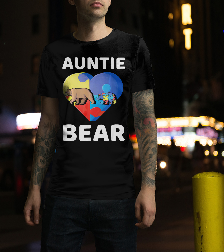 Auntie Bear Heart Puzzle Autism Awareness T-Shirt