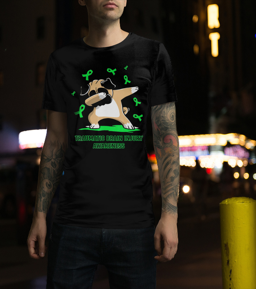 Traumatic Brain Injury Awareness Dabbing Pug Dog With Green Ribbons T-Shirt