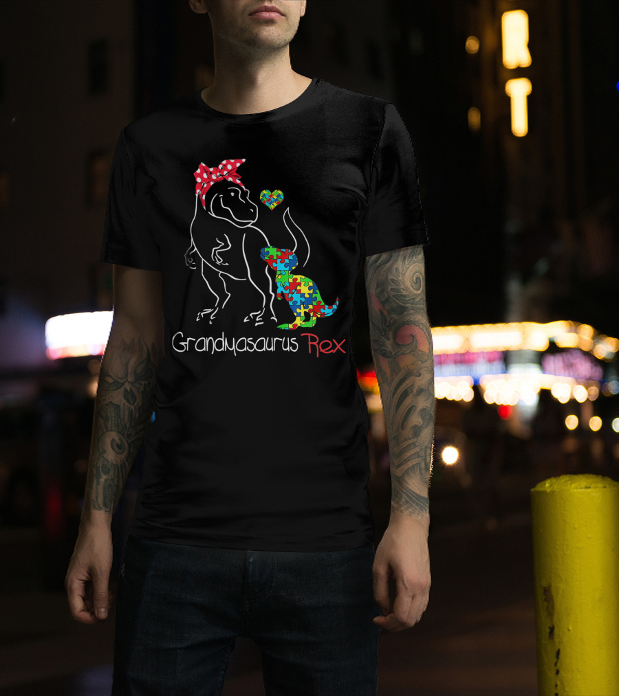 Grandmasaurus Rex Dinosaur With Autism Puzzle Heart T-Shirt
