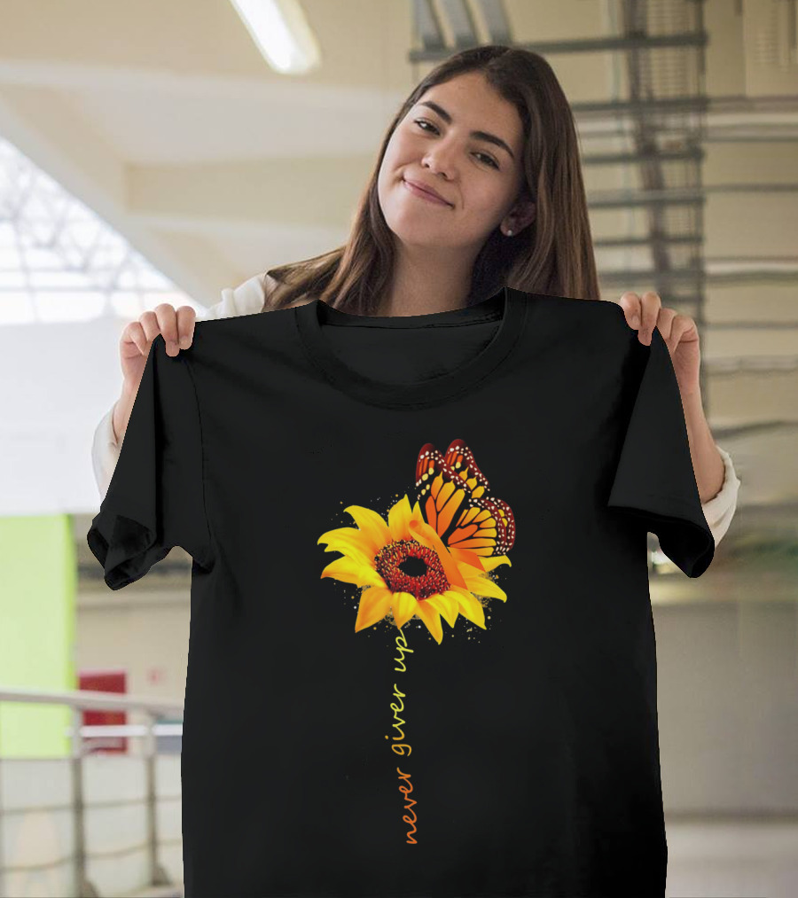 Never Give Up Multiple Sclerosis Awareness Butterfly Sunflower T-Shirt