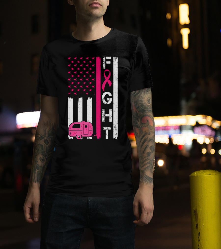Fight Cancer Ribbon Camping Van American Flag T-Shirt