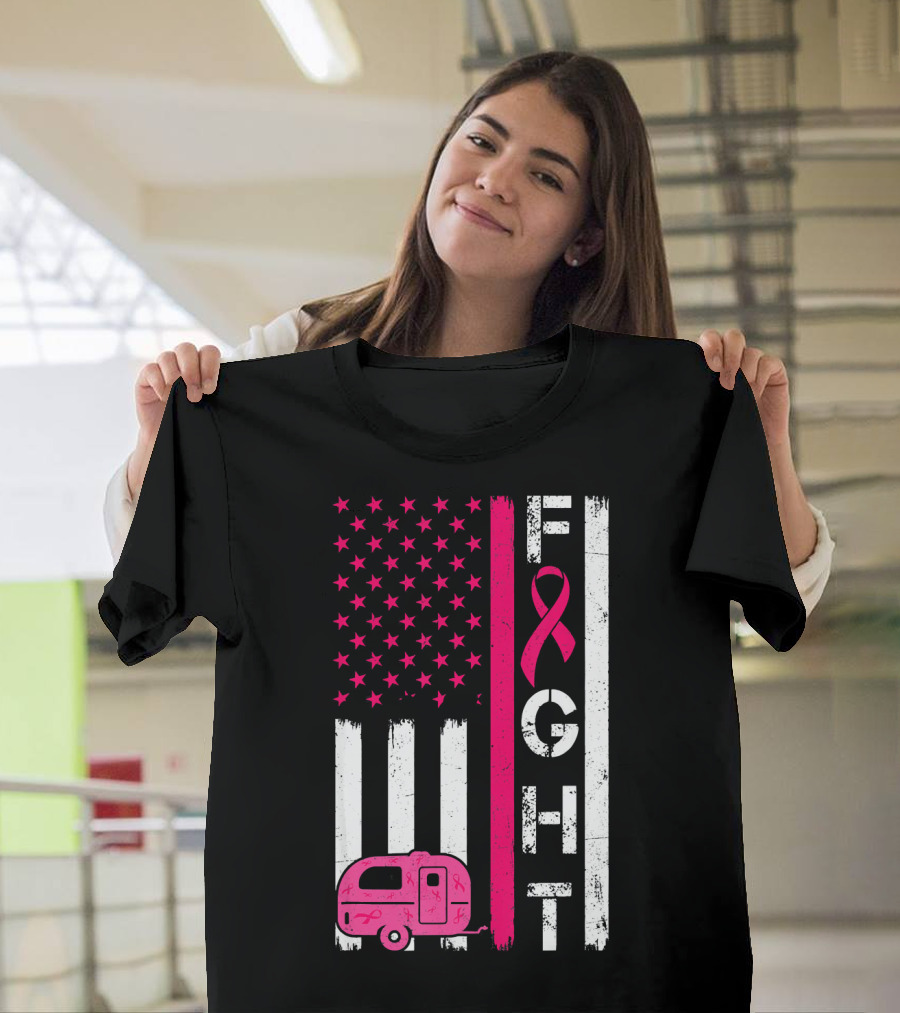Fight Cancer Ribbon Camping Van American Flag T-Shirt