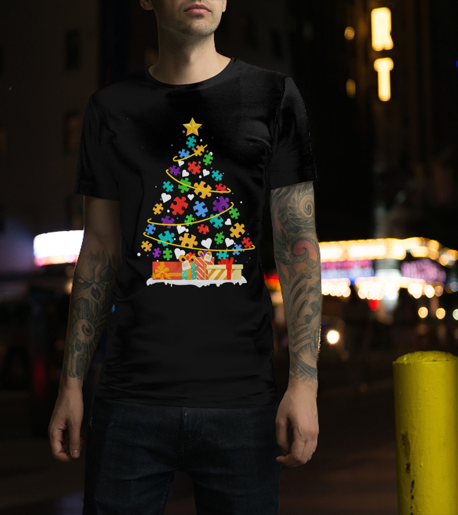 Autism Awareness Puzzle Piece Christmas Tree With Gifts And Hearts T-Shirt