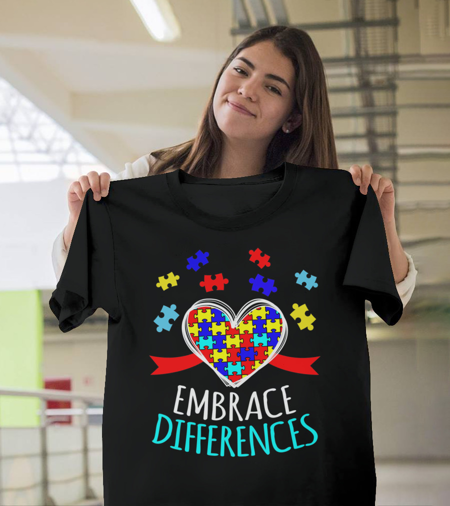 Embrace Differences Autism Awareness Heart Puzzle Pieces T-Shirt