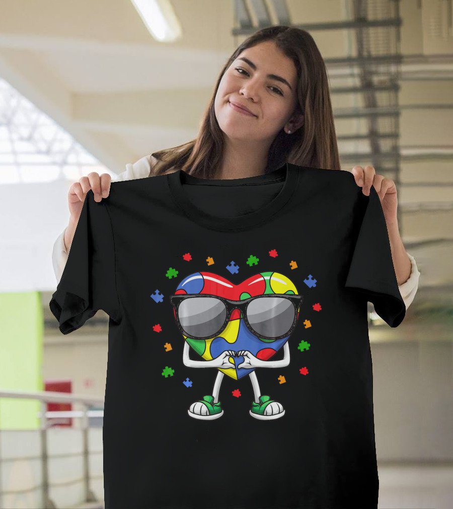 Autism Awareness Month Colorful Puzzle Heart With Sunglasses And Love Gesture T-Shirt