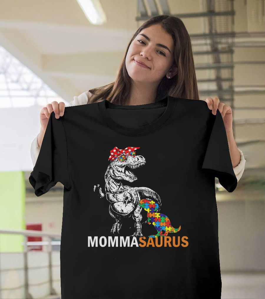 Momma Saurus Dinosaur With Autism Puzzle T-Shirt