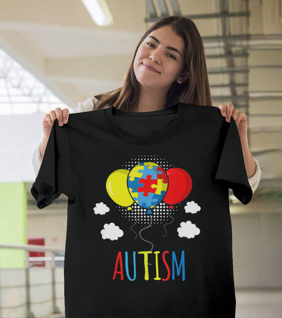 Autism Awareness Puzzle Piece Balloons with Colorful Clouds T-Shirt