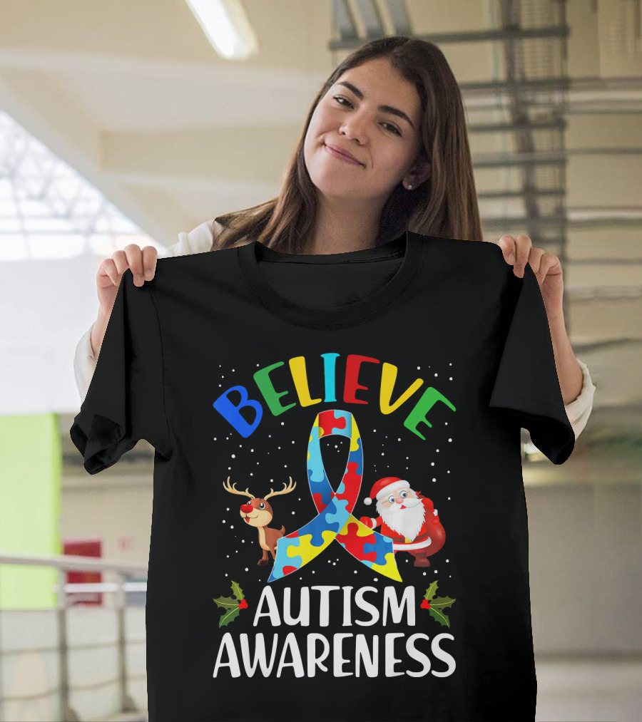 Believe Autism Awareness Santa Reindeer Puzzle Christmas T-Shirt
