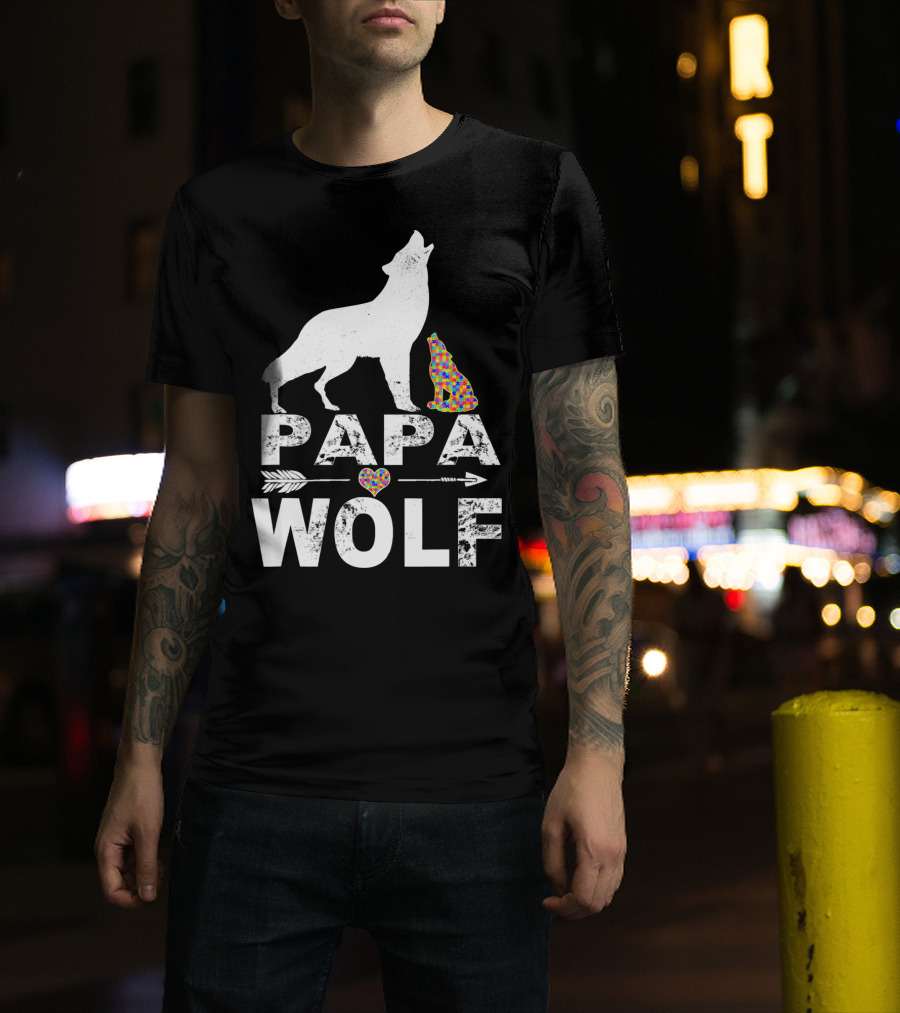Papa Wolf Autism Awareness Puzzle Heart And Howling Pups T-Shirt