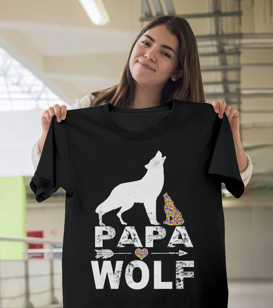 Papa Wolf Autism Awareness Puzzle Heart and Howling Pups T-Shirt