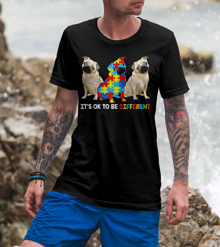 Its OK To Be Different Pug Autism Awareness Puzzle Pieces T-Shirt
