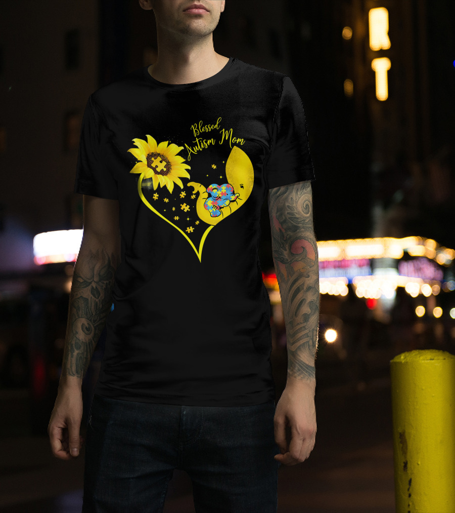 Blessed Autism Mom Sunflower Elephant Puzzle Heart T-Shirt