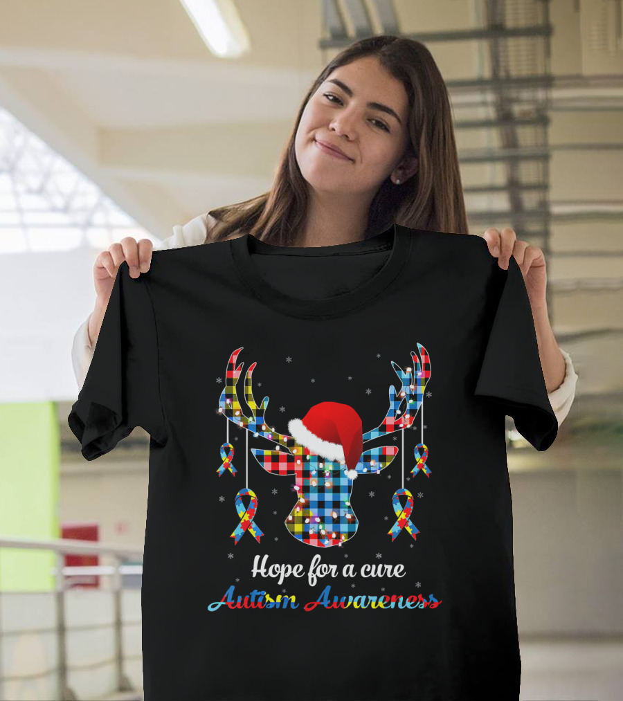 Hope For A Cure Autism Awareness Reindeer Plaid Santa Hat Ribbons T-Shirt
