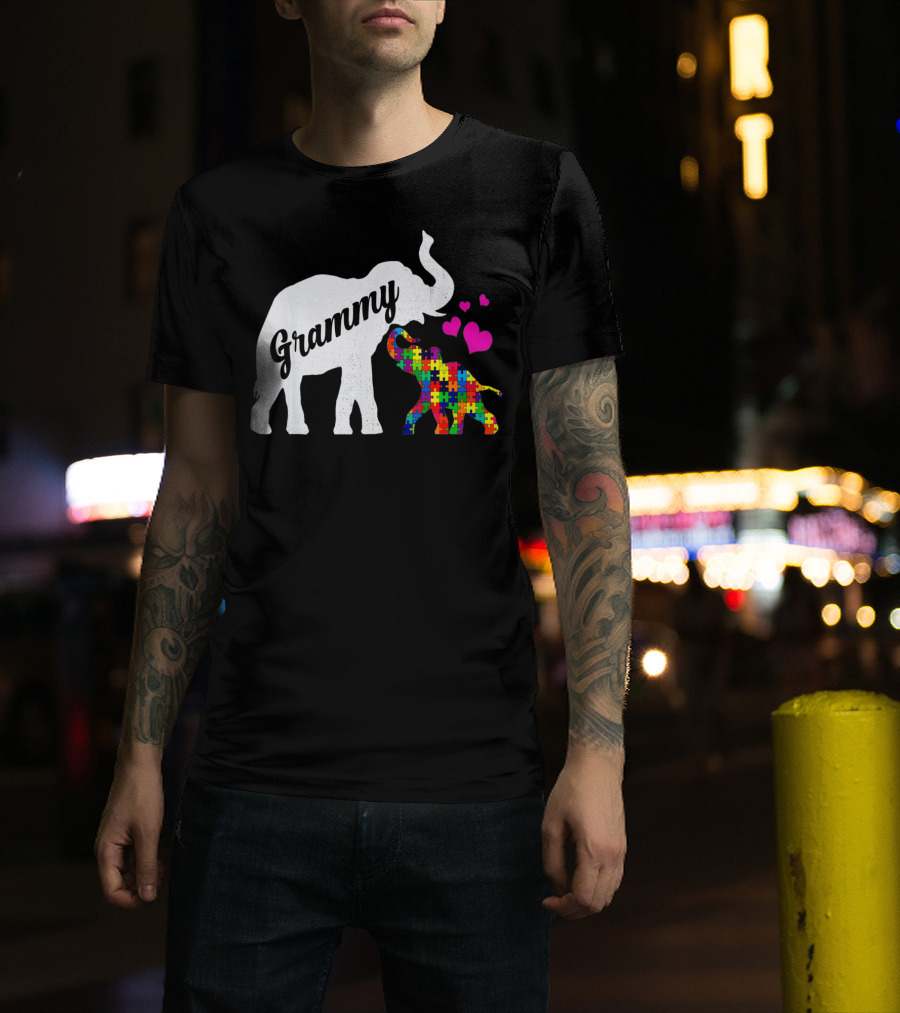 Grammy Elephant With Colorful Puzzle Piece Baby And Hearts For Autism Awareness T-Shirt