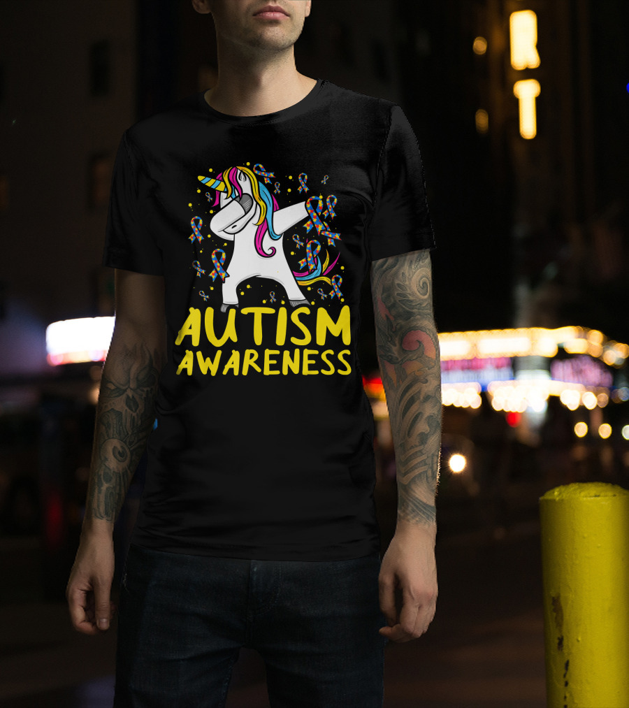 Dabbing Unicorn Puzzle Ribbon Autism Awareness T-Shirt