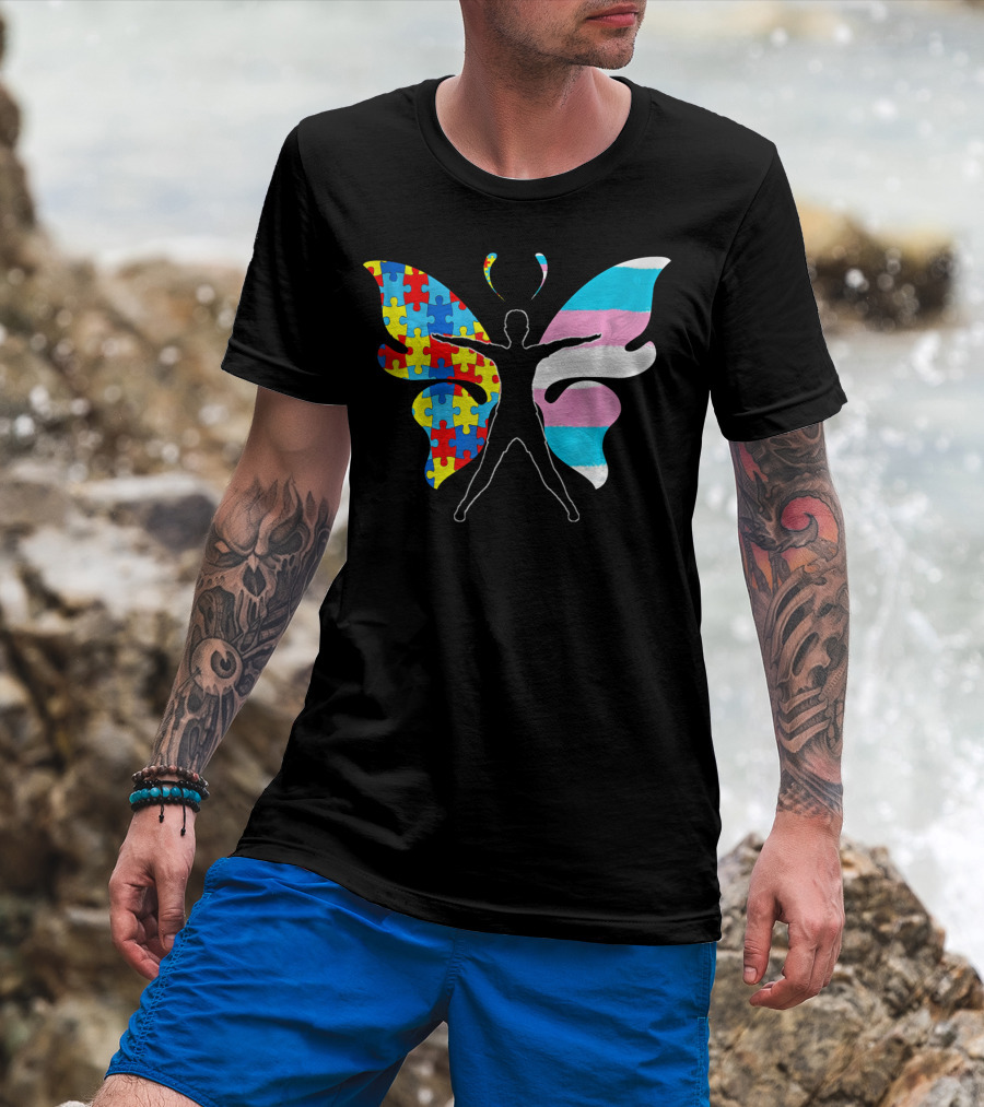 Autism Awareness Puzzle Butterfly With Transgender Flag Wings T-Shirt