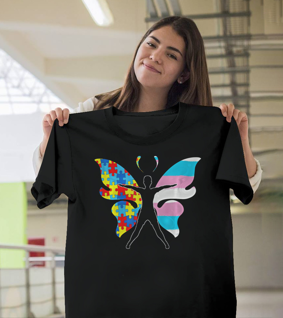 Autism Awareness Puzzle Butterfly With Transgender Flag Wings T-Shirt