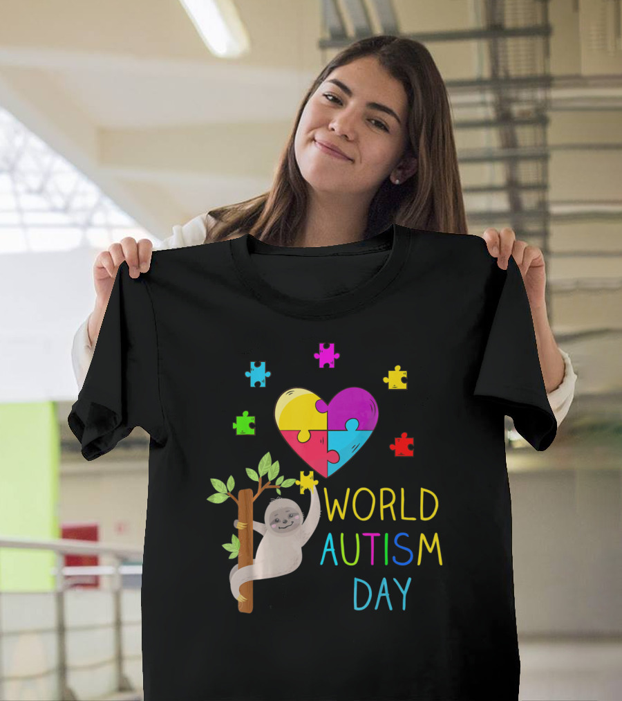 World Autism Day Sloth Heart Puzzle Pieces T-Shirt