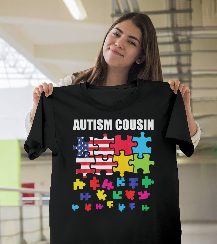 Autism Cousin Puzzle Pieces USA Flag Autism Awareness T-Shirt