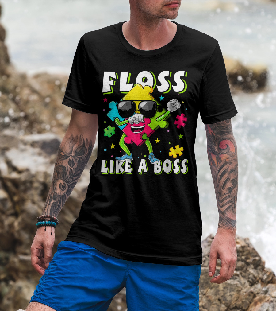 Floss Like A Boss Autism Awareness Puzzle Dance T-Shirt