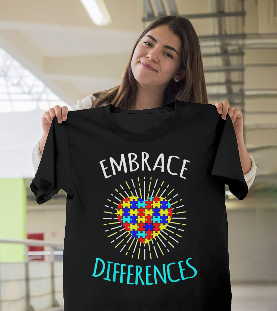 Embrace Differences Autism Awareness Puzzle Heart Rib T-Shirt
