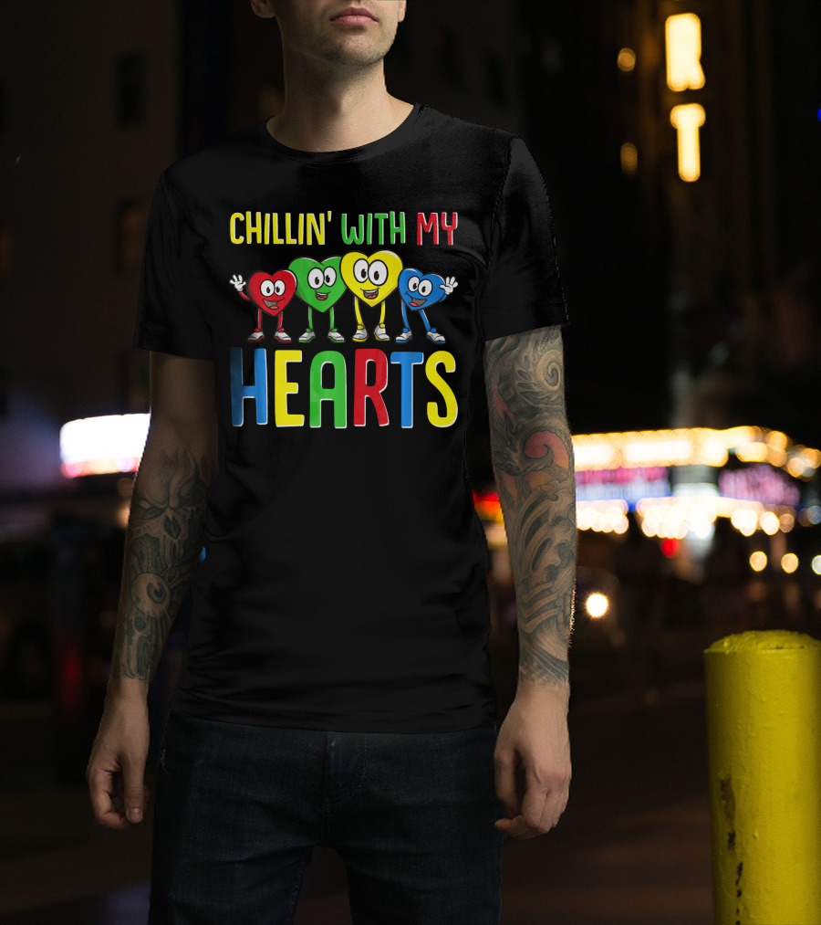 Chillin With My Hearts Colorful Cartoon Characters T-Shirt