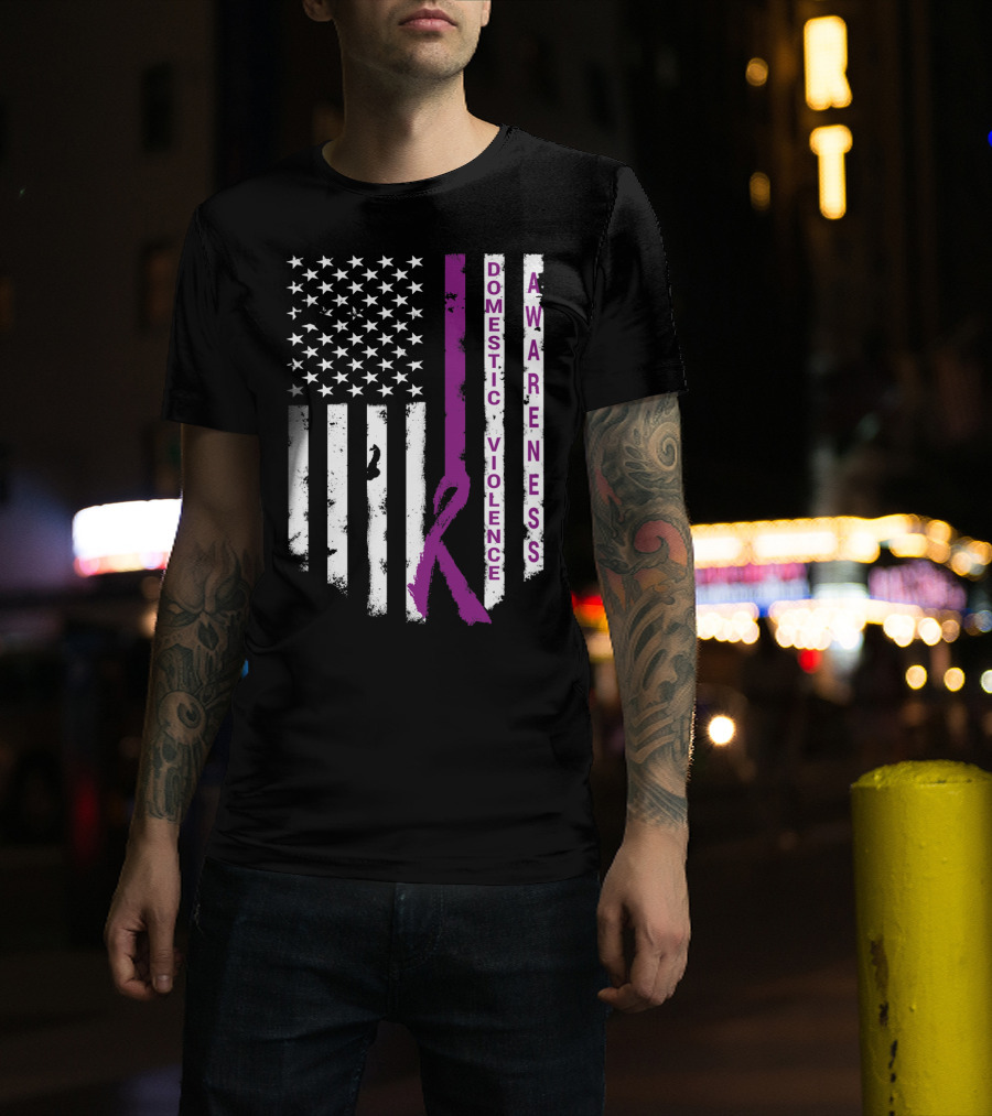 Domestic Violence Awareness Purple Ribbon American Flag T-Shirt