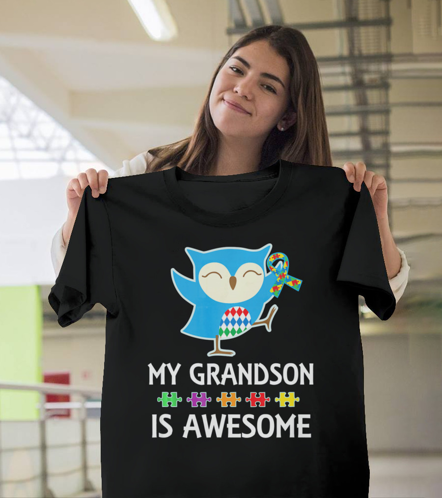 Autism Awareness My Grandson Is Awesome Owl Puzzle T-Shirt