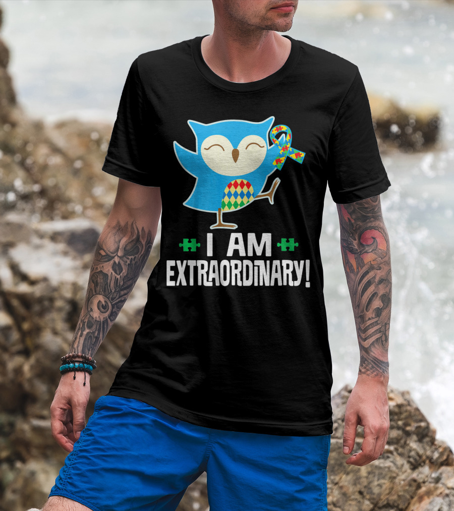 I Am Extraordinary Autism Awareness Autistic Spectrum Disor Puzzle Ribbon Owl T-Shirt