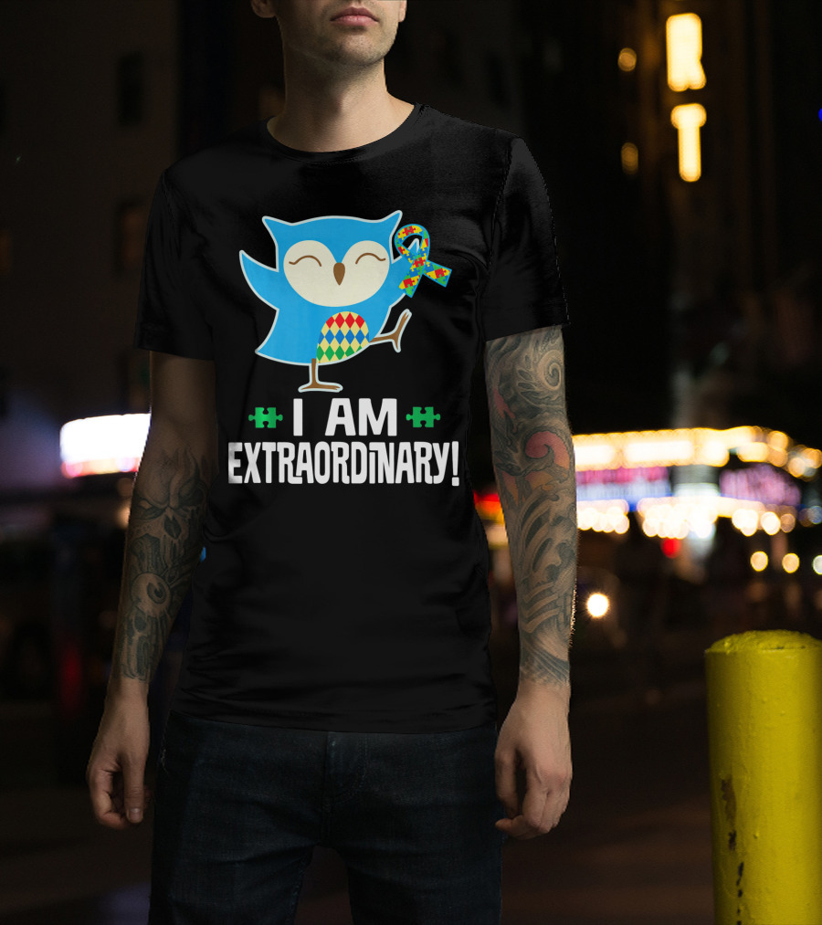 I Am Extraordinary Autism Awareness Autistic Spectrum Disor Puzzle Ribbon Owl T-Shirt