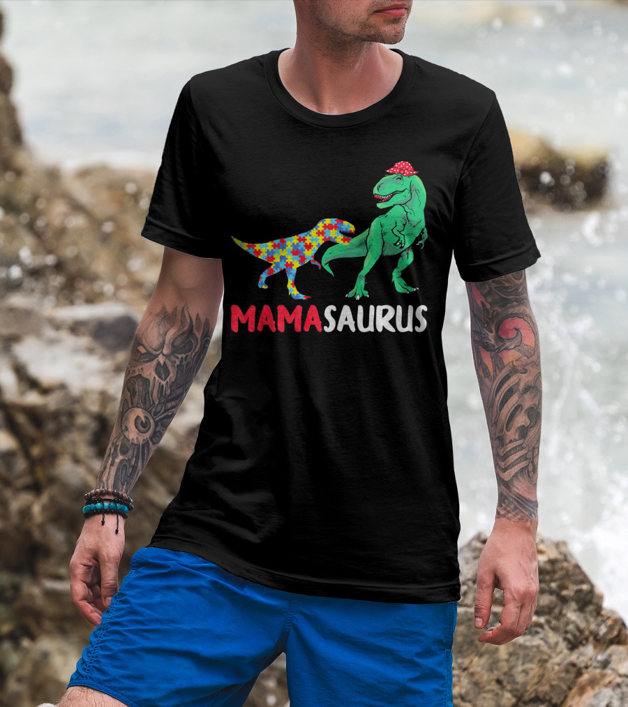 Mamasaurus Mama Dinosaur Puzzle Pattern Autism Awareness T-Shirt