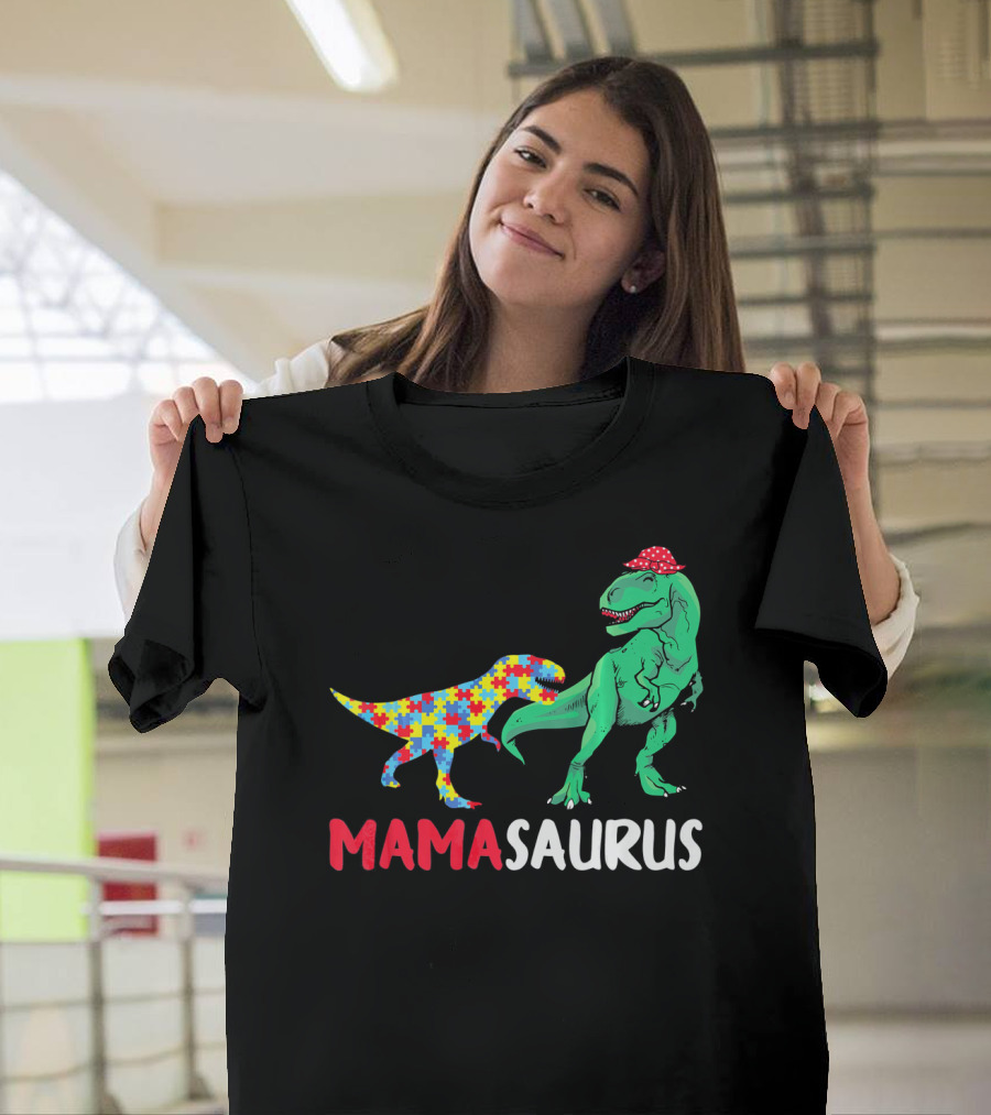 Mamasaurus Mama Dinosaur Puzzle Pattern Autism Awareness T-Shirt