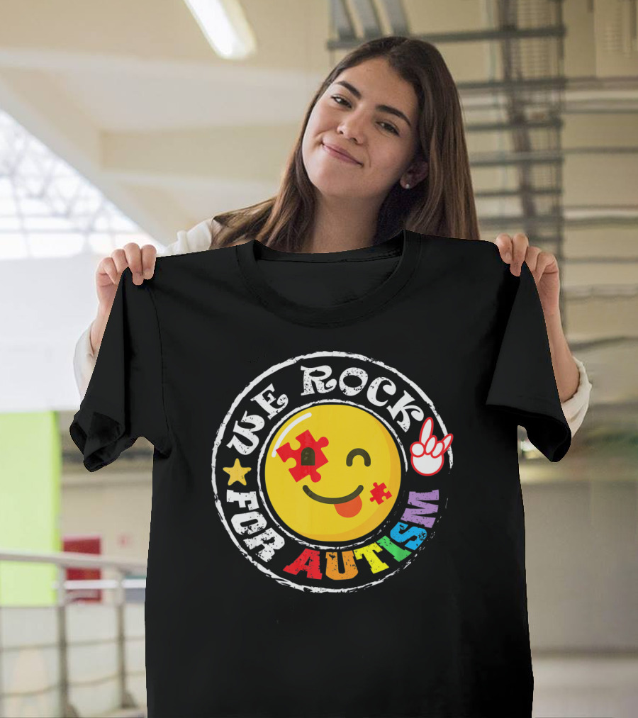 We Rock for Autism Puzzle Face Emoji with Hand Sign T-Shirt
