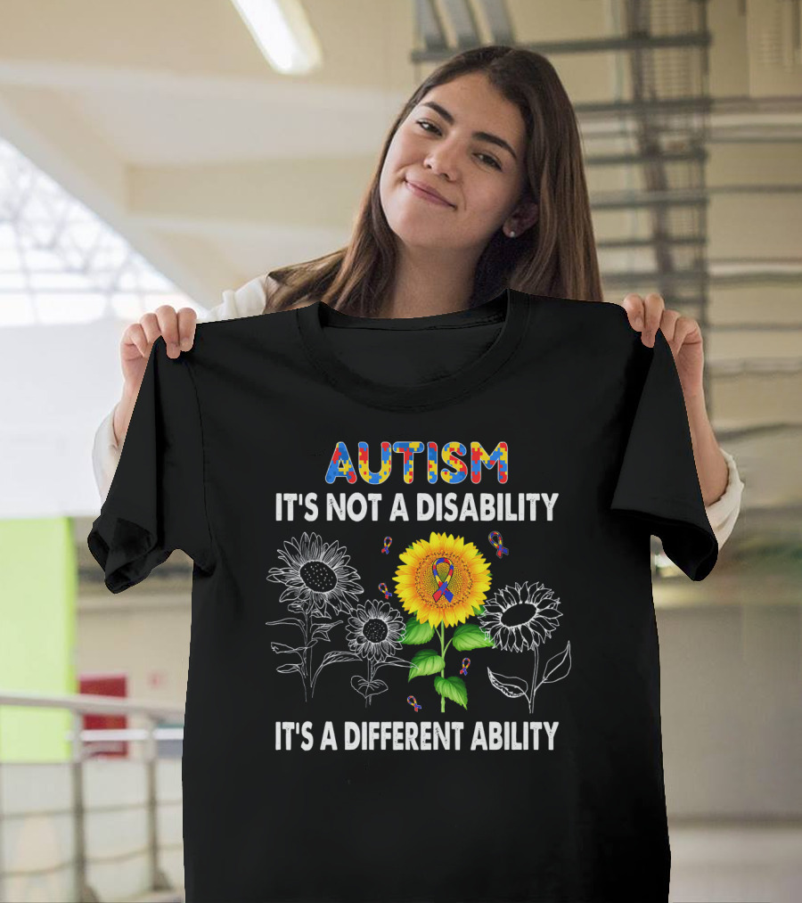 Autism Awareness It's Not A Disability It's A Different Ability Sunflower Puzzle T-Shirt