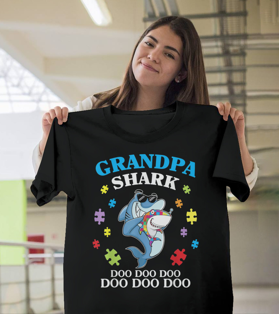 Grandpa Shark Doo Doo Doo Doo Funny Autism Puzzle Pieces T-Shirt