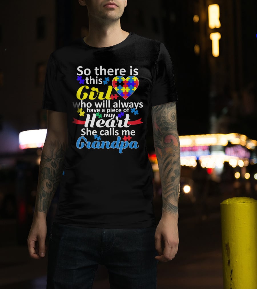 Autism Awareness Puzzle Heart Girl Grandpa T-Shirt