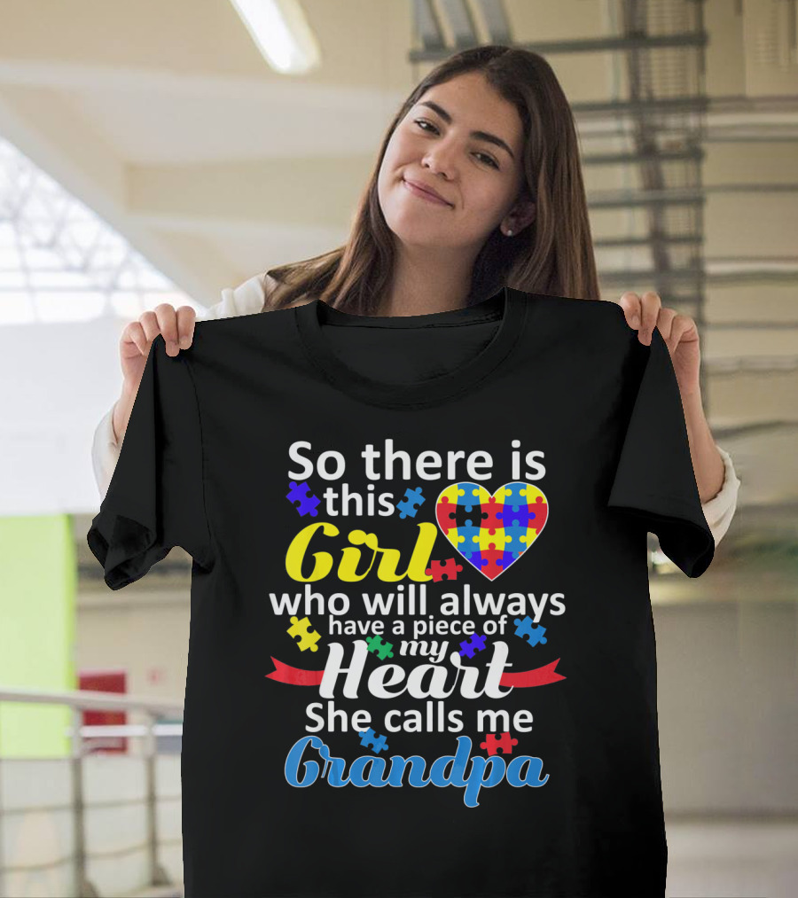 Autism Awareness Puzzle Heart Girl Grandpa T-Shirt