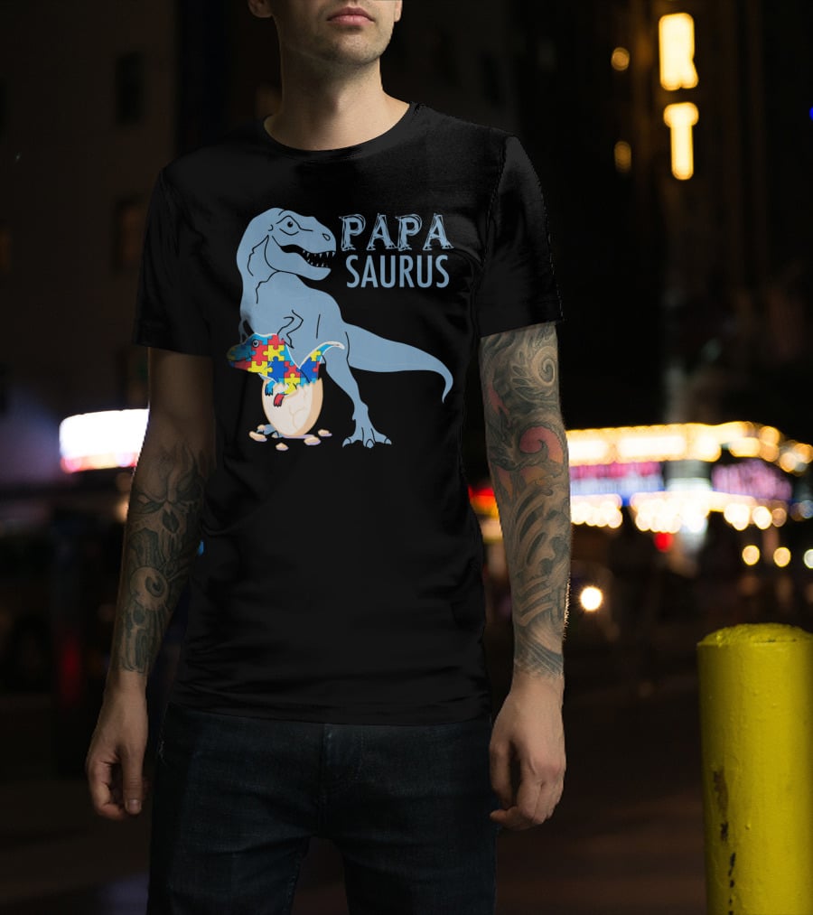 Papasaurus Autism Awareness Dinosaur Puzzle Pieces T-Shirt