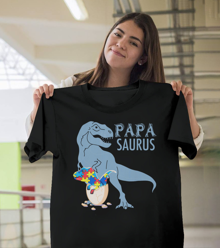 Papasaurus Autism Awareness Dinosaur Puzzle Pieces T-Shirt
