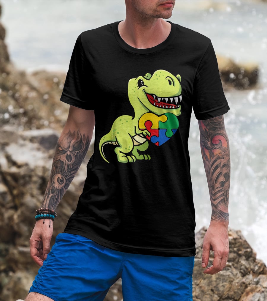 Autism Awareness Day Dinosaur T-Rex Holding Puzzle Heart T-Shirt