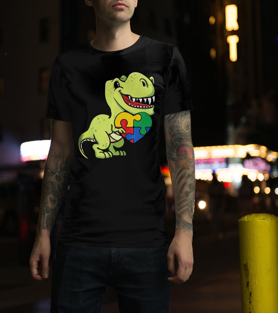 Autism Awareness Day Dinosaur T-Rex Holding Puzzle Heart T-Shirt