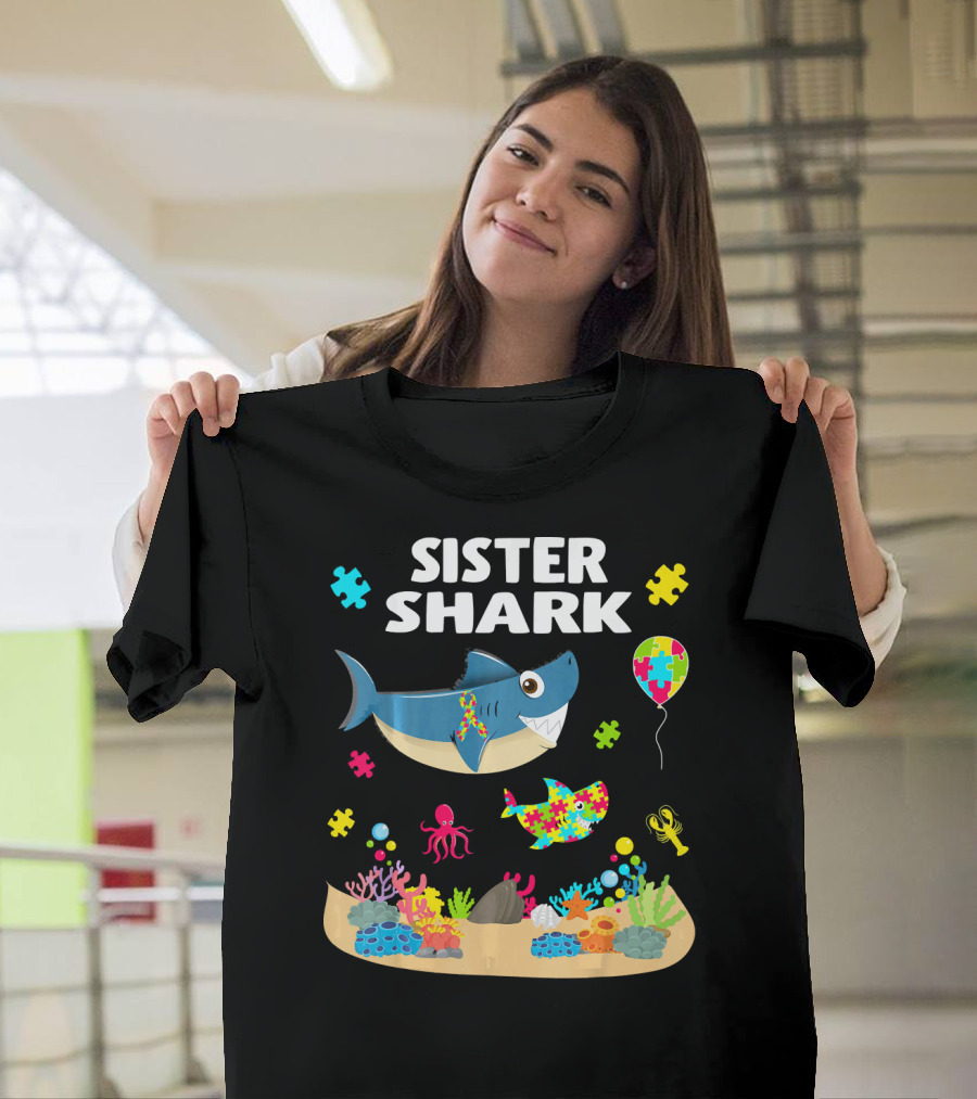 Sister Shark Autism Awareness Puzzle Pieces Ocean T-Shirt