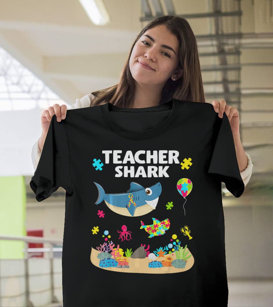 Teacher Shark Autism Awareness Ocean Puzzle Balloon Coral T-Shirt