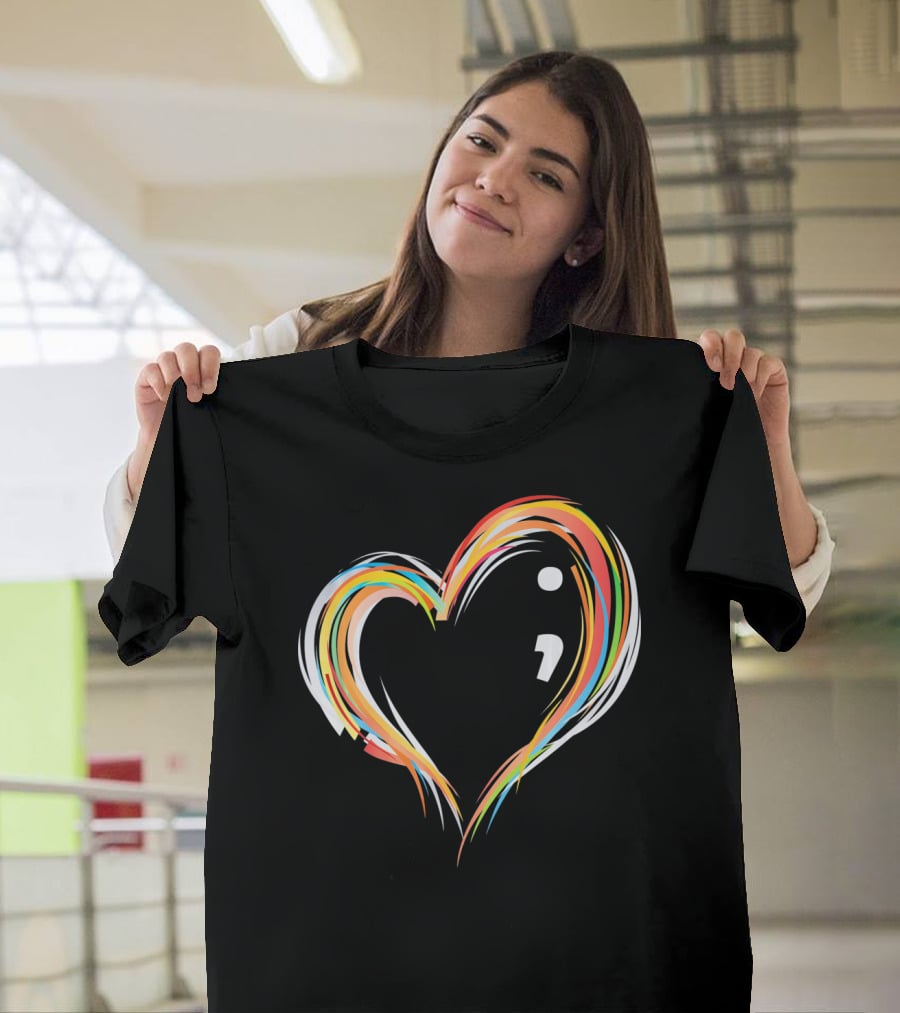 Heart Semicolon Rainbow Design For Mental Health Awareness T-Shirt