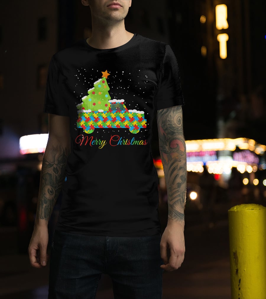 Merry Christmas Puzzle Truck Autism Awareness T-Shirt