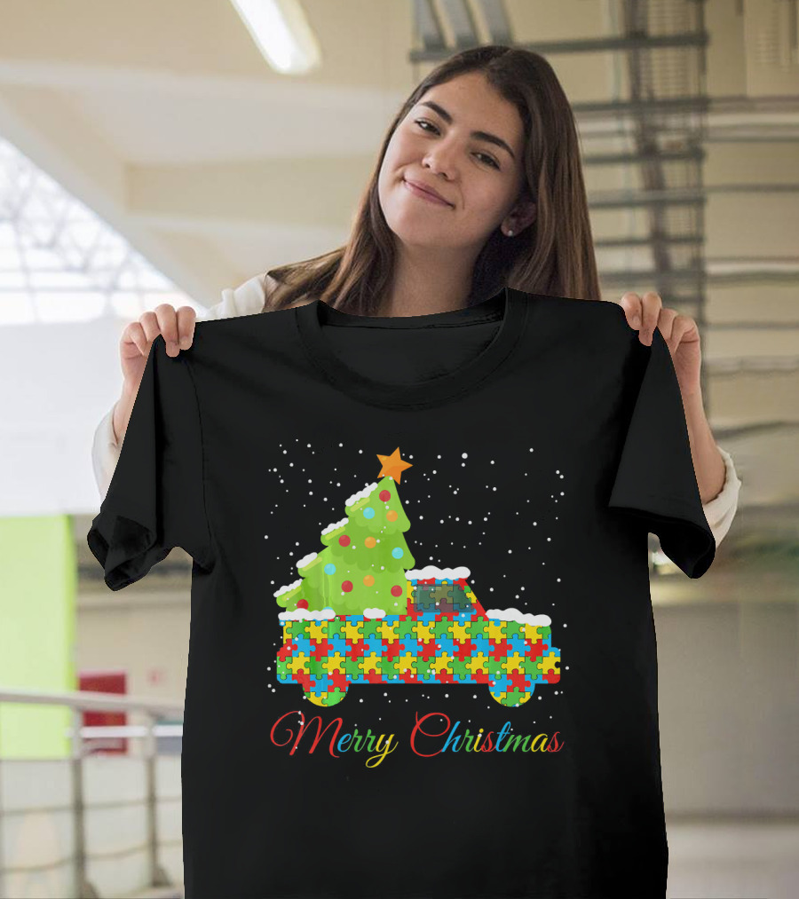 Merry Christmas Puzzle Truck Autism Awareness T-Shirt