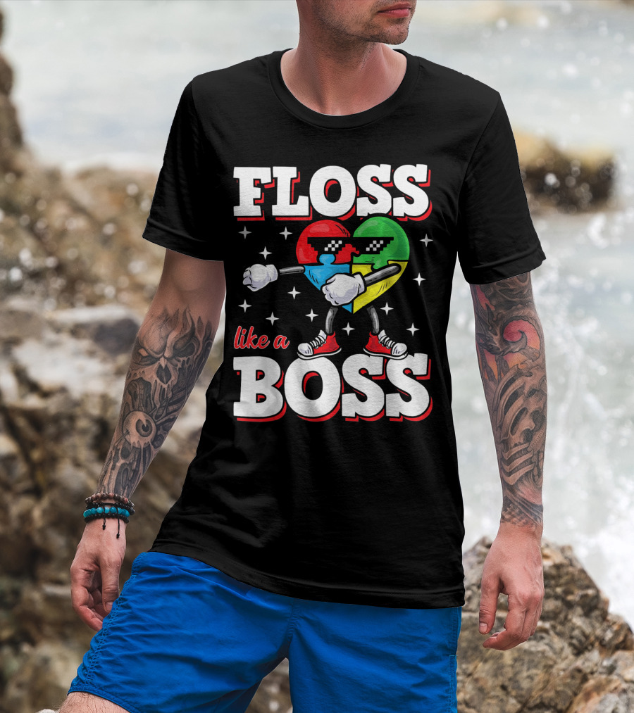 Floss Like A Boss Autism Awareness Heart With Cool Sunglasses T-Shirt