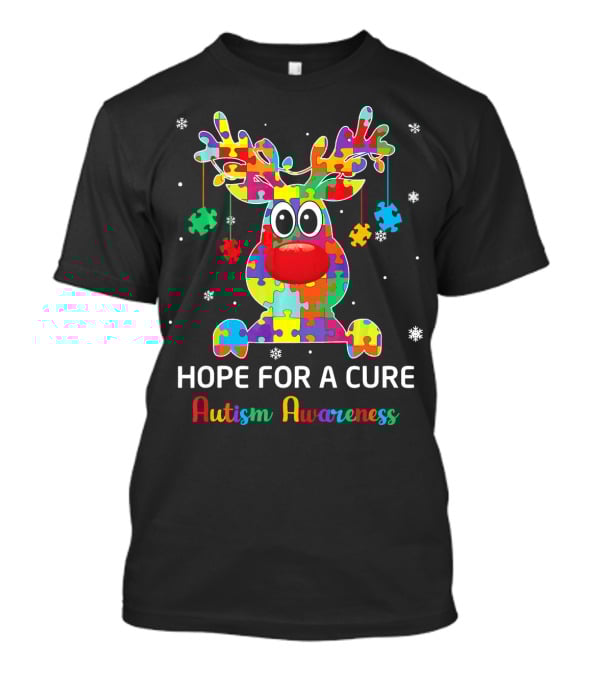 Hope For A Cure Autism Awareness Reindeer Puzzle Pieces Snowflakes T-Shirt
