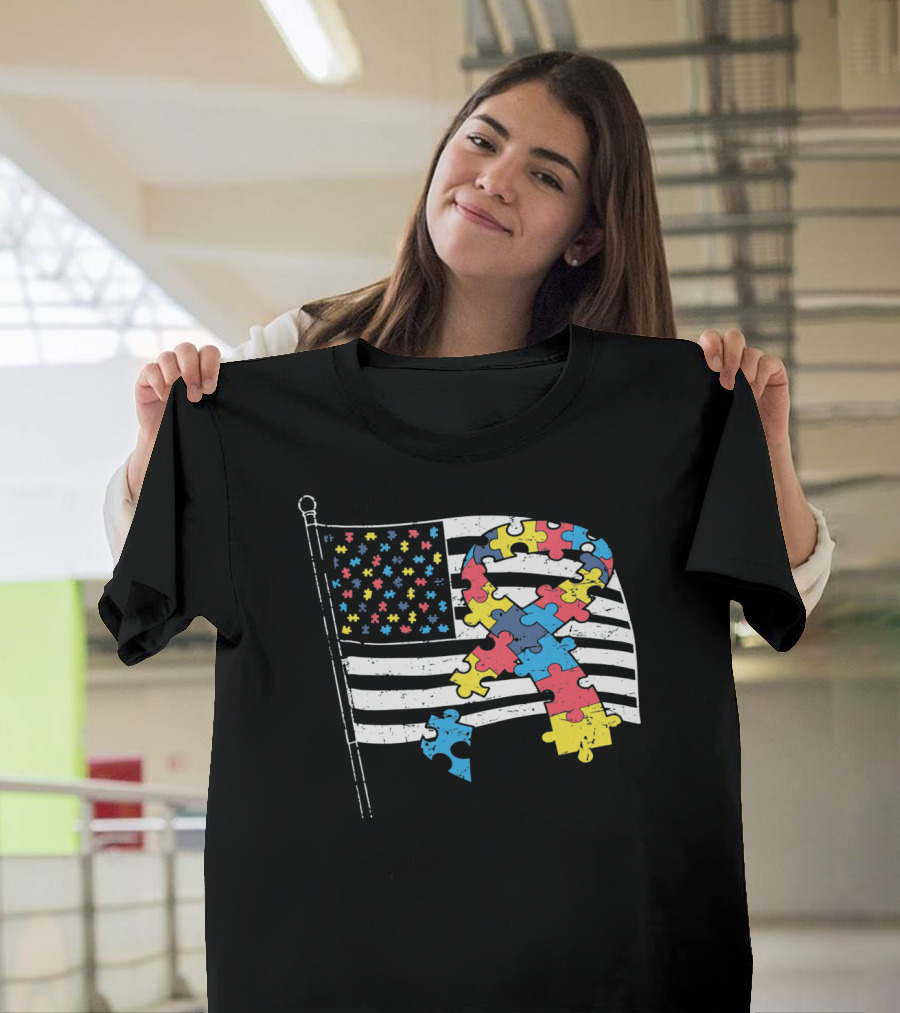 American Distressed Flag Puzzle Ribbon Autism Awareness T-Shirt